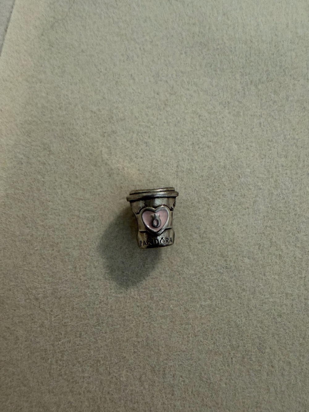 Pandora Silver Coffee Cup Charm with Pink Heart Accent